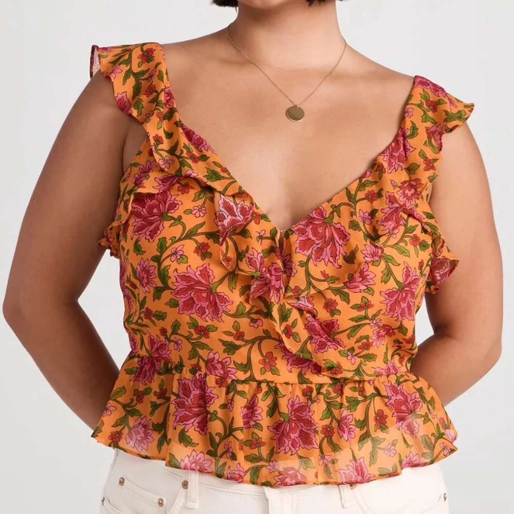 Floral Ruffle V-Neck Top - Yellow and Pink - Picture 1 of 9